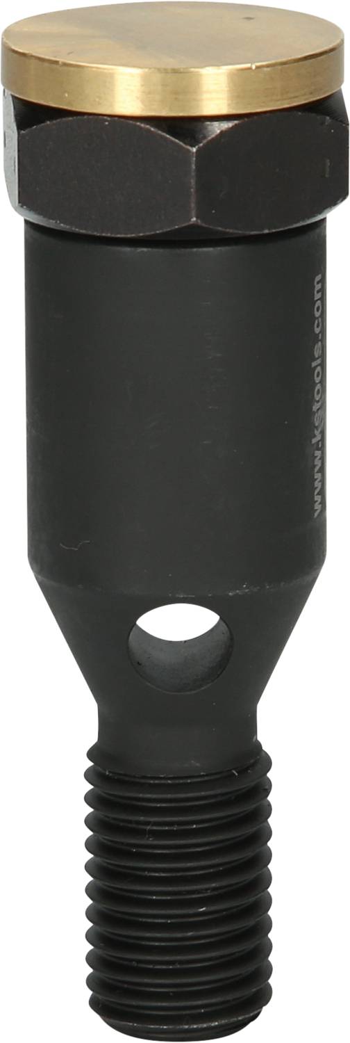 A black metal component with a screw thread and golden head, likely an industrial closure or connecting piece.