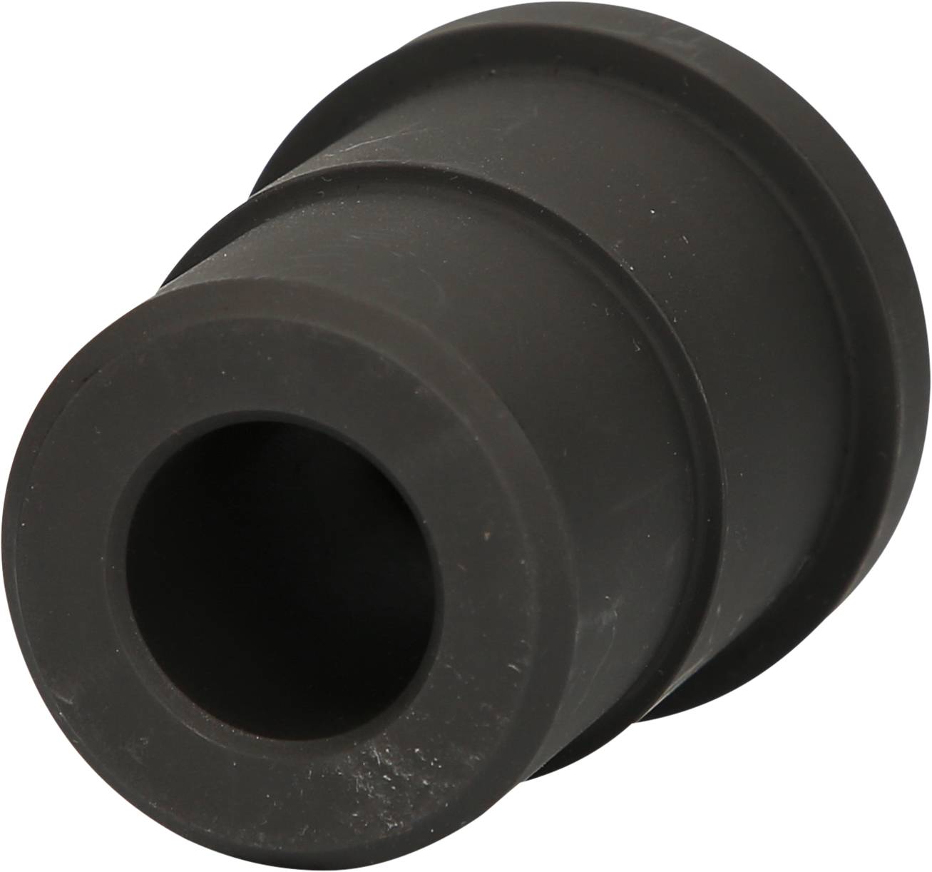 Black, cylindrical rubber component with an opening on one side. Used as a connecting element or seal in technical applications.