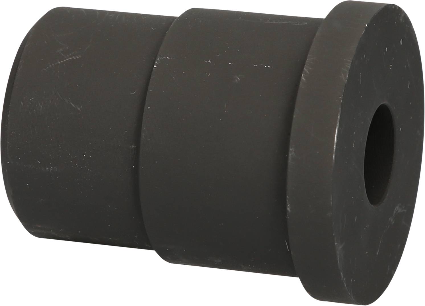 A black, cylindrical rubber component with a hole through its centre and a widened end, possibly a damping element.