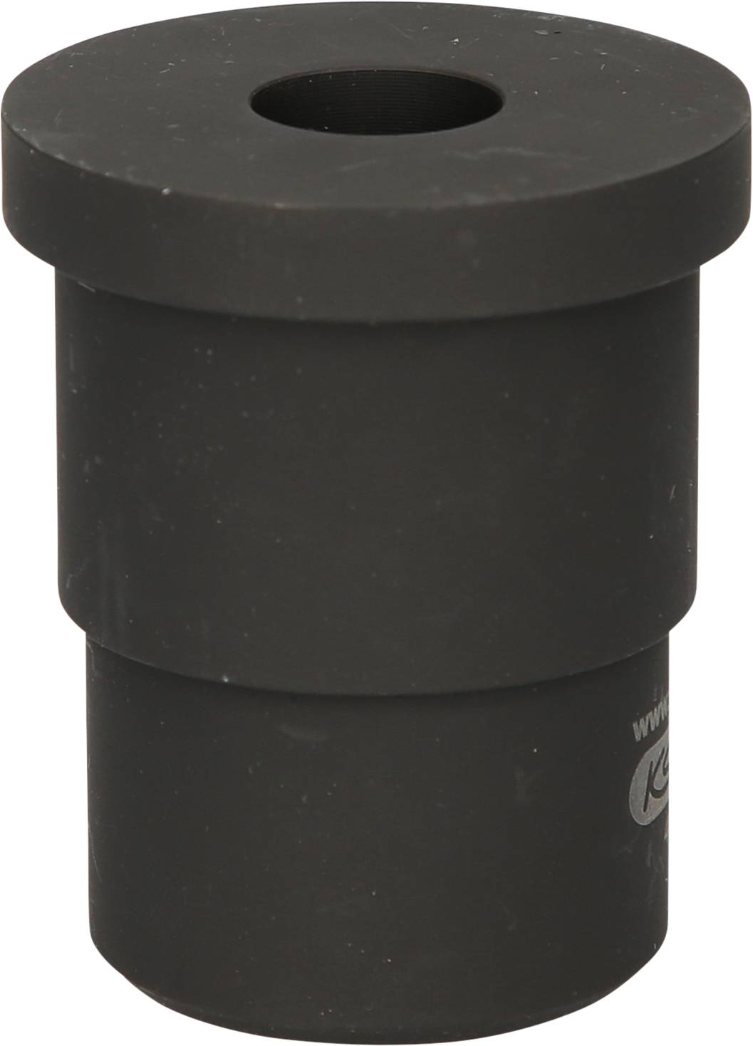 Black, cylindrical rubber bung with a central hole. Suitable for laboratory purposes, fits glass or plastic bottle openings.