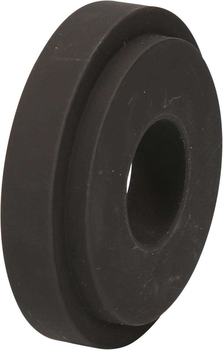 Black rubber wheel, flat-shaped, with a large hole in the centre, suitable for light applications or as a spare part.