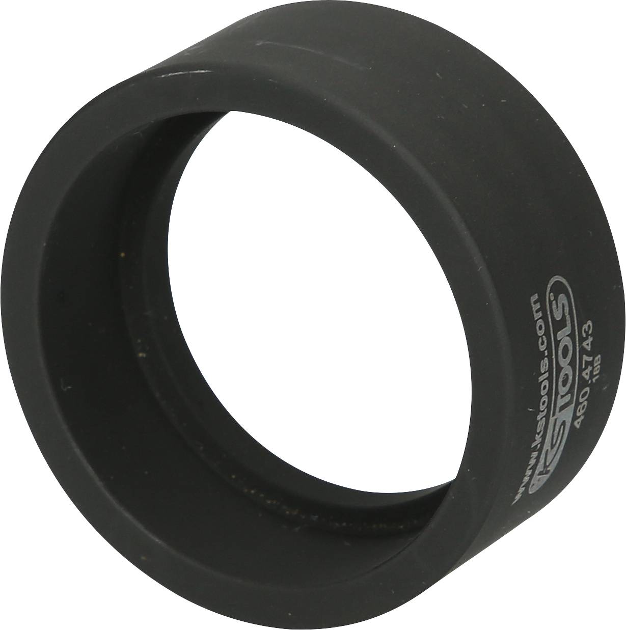 Black cylindrical tool sleeve with embossed logo and serial number. Used for mechanical repairs or construction work.
