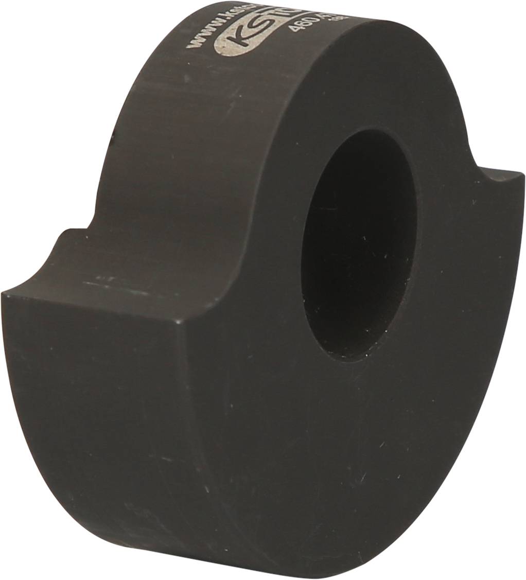 Black, semi-circular metal piece with a central hole. Used for supporting or fastening machine components.