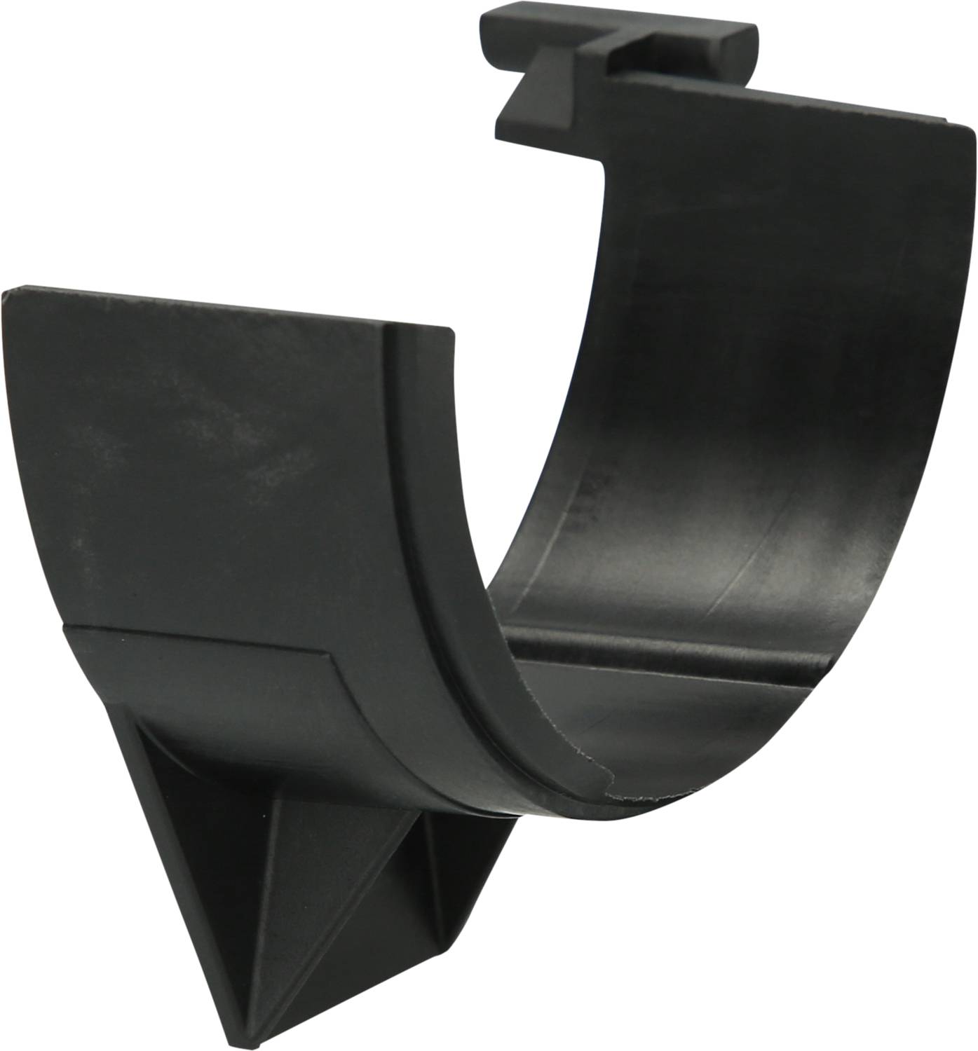 A black plastic holder in a semi-circular design, potentially for securing or supporting a pipe.