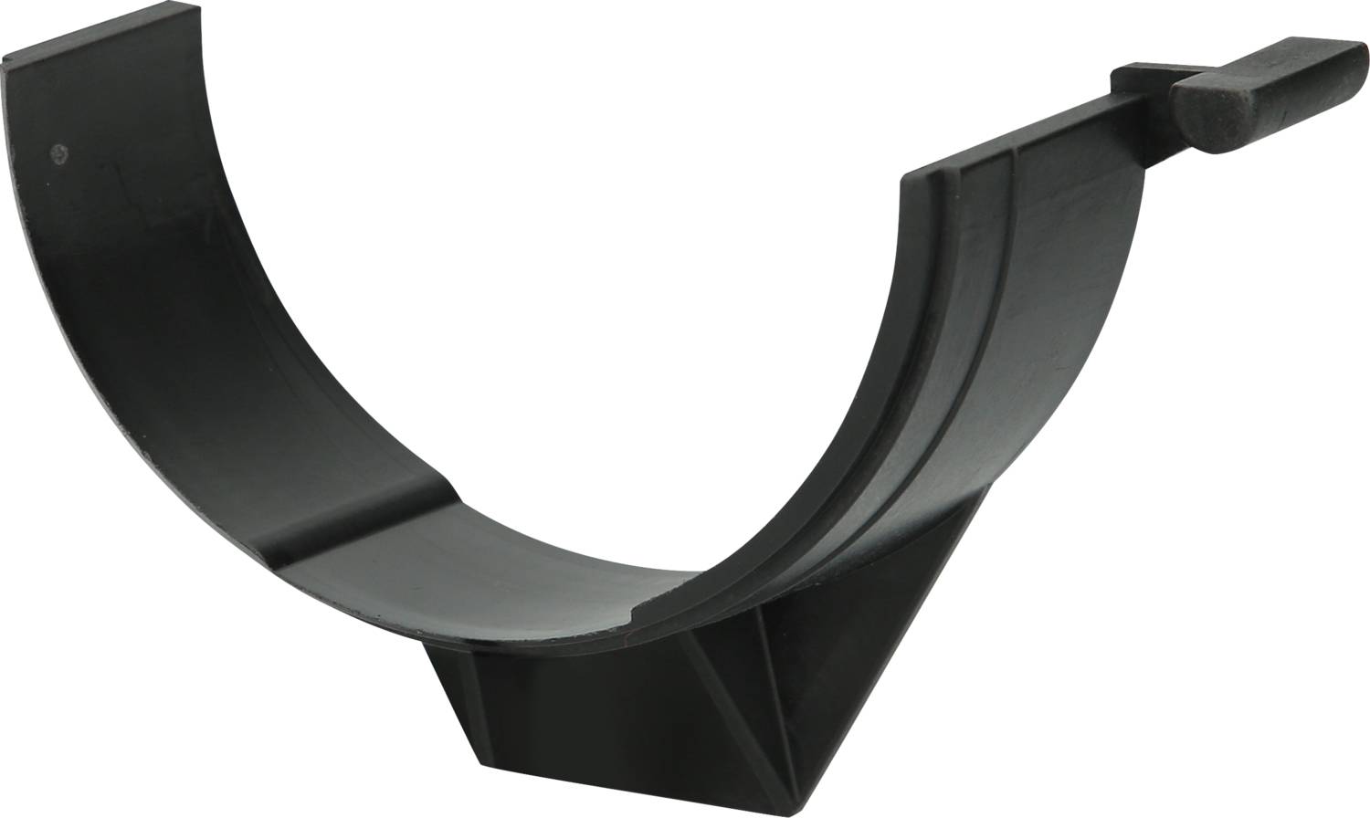 A black, semi-circular plastic bracket with a flat base and a tab at one end, potentially for securing purposes.