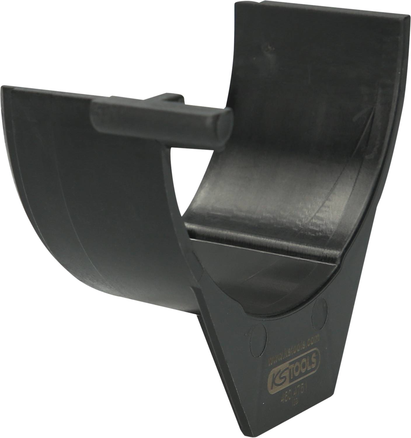 Plastic mounting bracket in a semi-circular, curved shape, used for holding tools or cables.