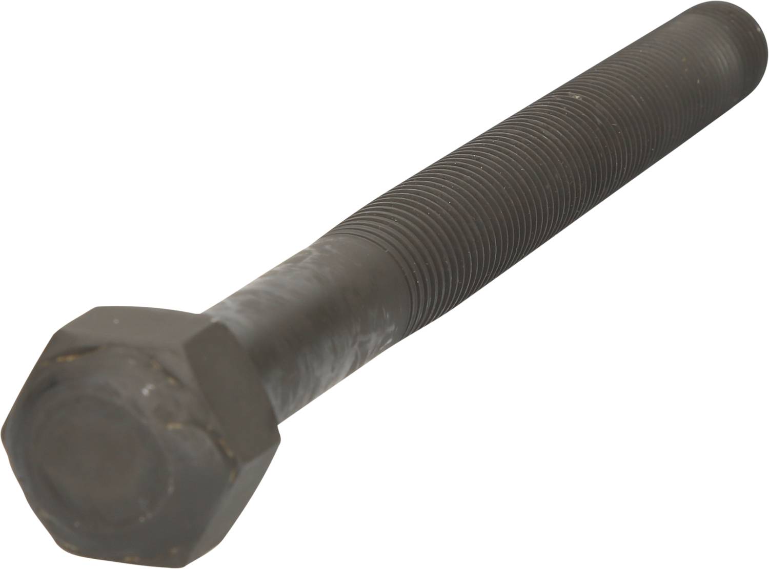 Large, black hex-head screw with a long, knurled shaft against a white background.