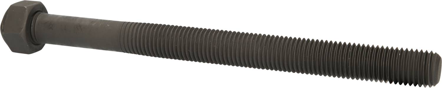 Long metal bolt with hexagonal head and full-thread, on white background.