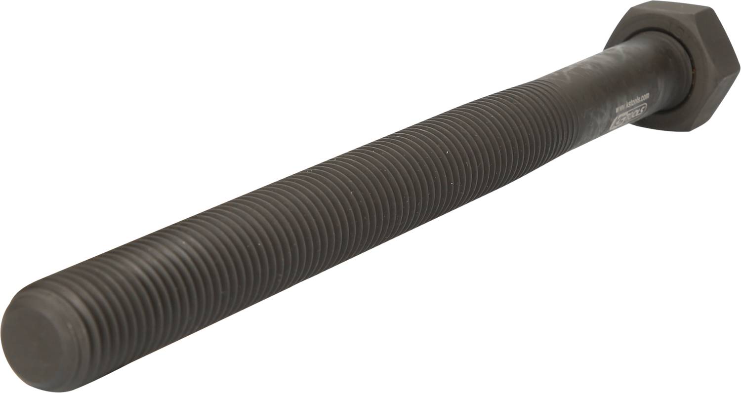 'Long, black threaded bolt with hexagonal nut, diagonal view. Bolt and nut made of metal, industrial application.'