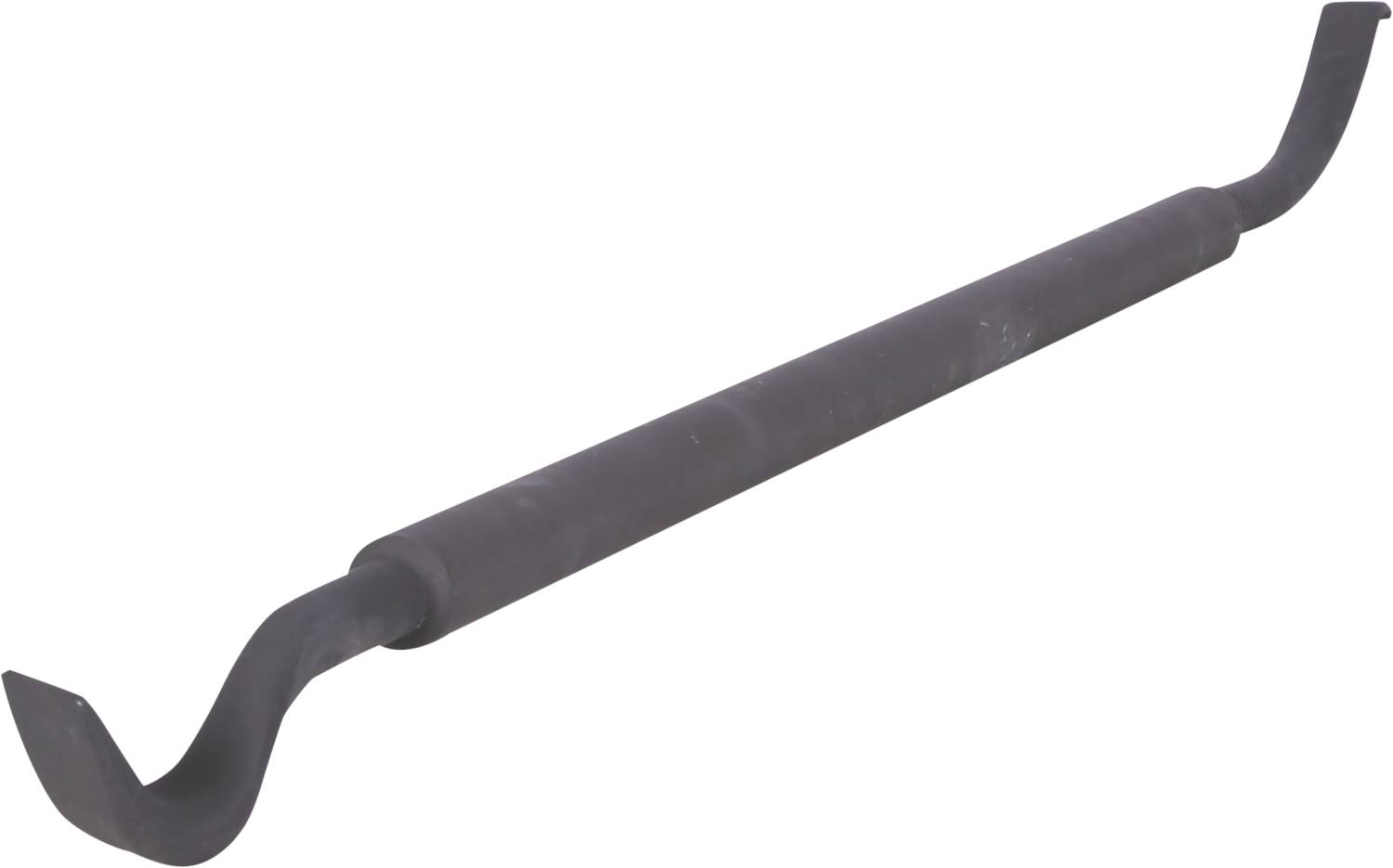 A black crowbar with one curved and one flat end, used for levering or opening objects.