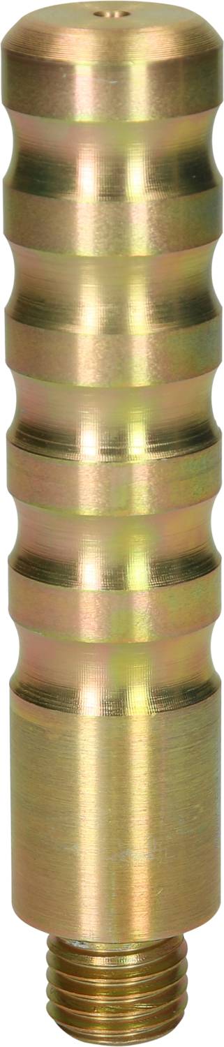 Metallic adapter with a ribbed, cylindrical design and threading at the lower end.