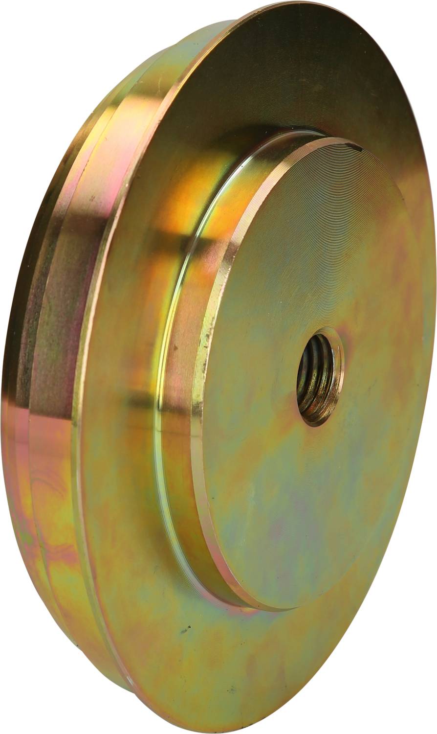 A round metal component with a central threaded bore. The surface has a shimmering, iridescent coating.