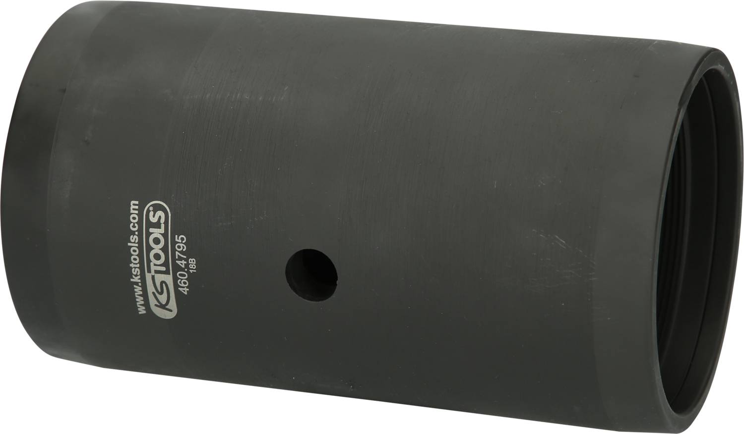 A black, cylindrical socket wrench attachment with an opening on the side. Model and brand engraved on the surface.