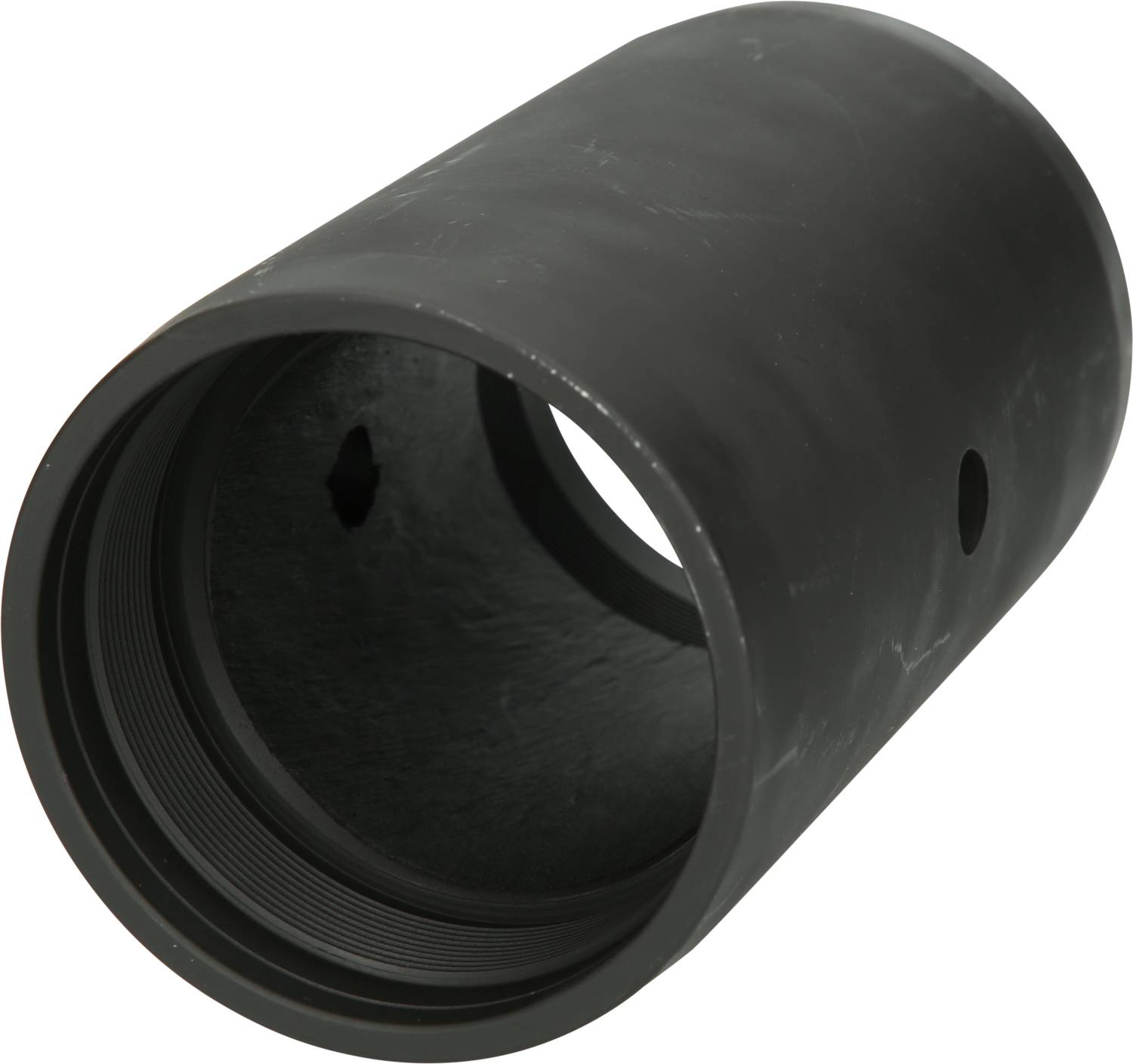 Black cylindrical pipe with a smooth surface and integrated threading; side openings visible, without apparent context.