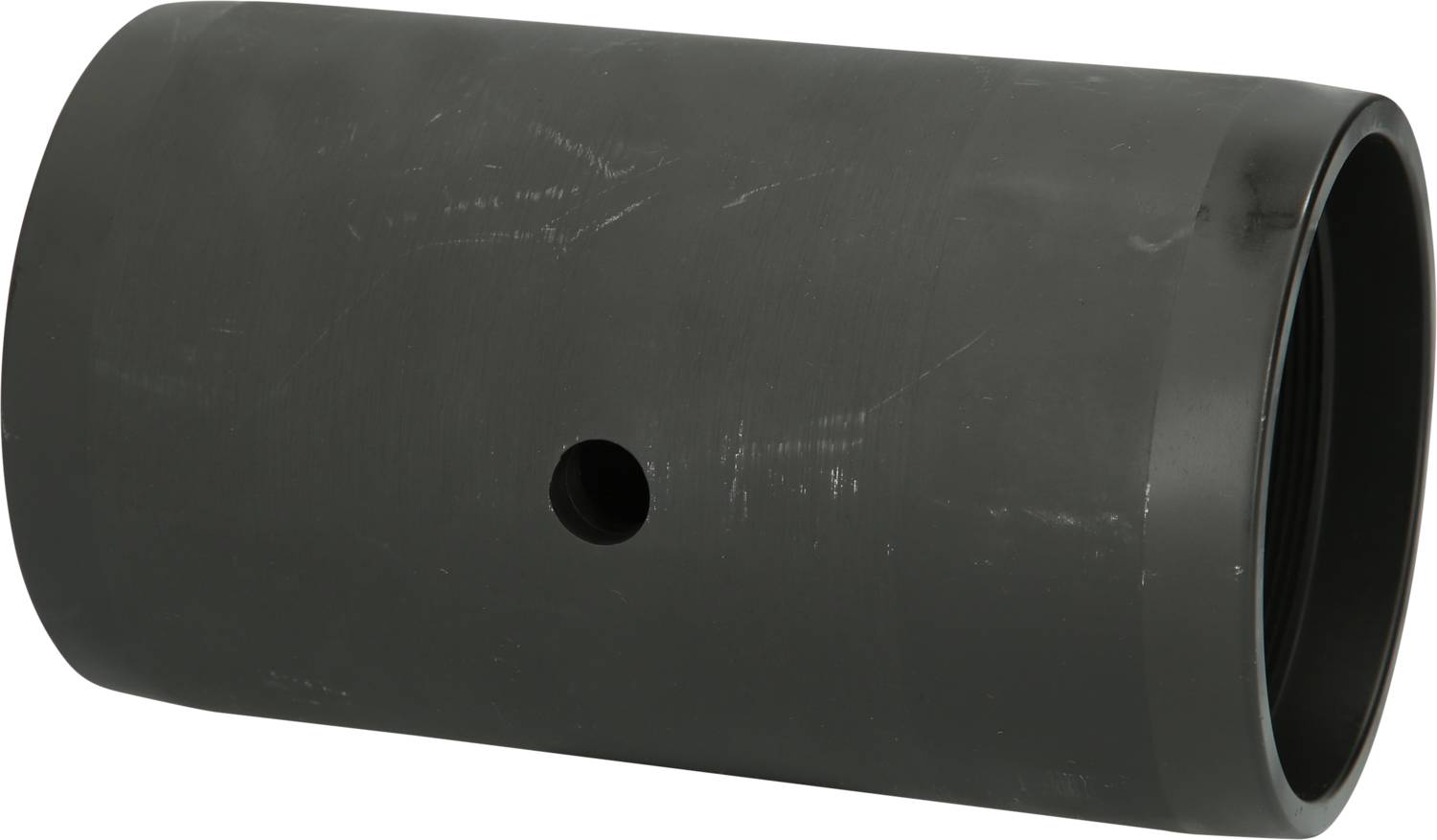 A cylindrical, black metal tube with a small hole in the centre. The tube has a smooth and matte surface.