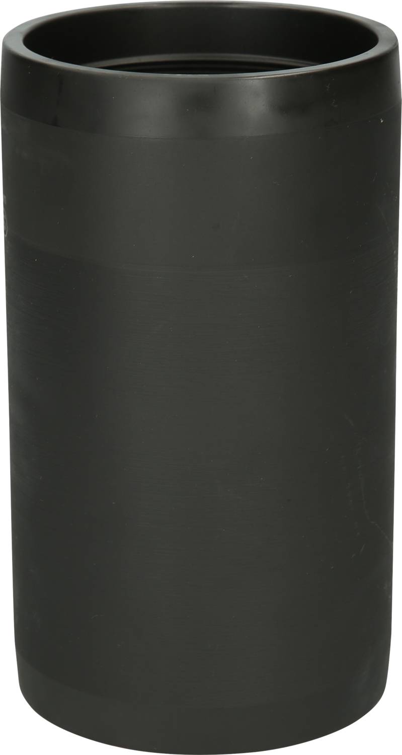 A black, cylindrical cup without visible decorations stands upright.