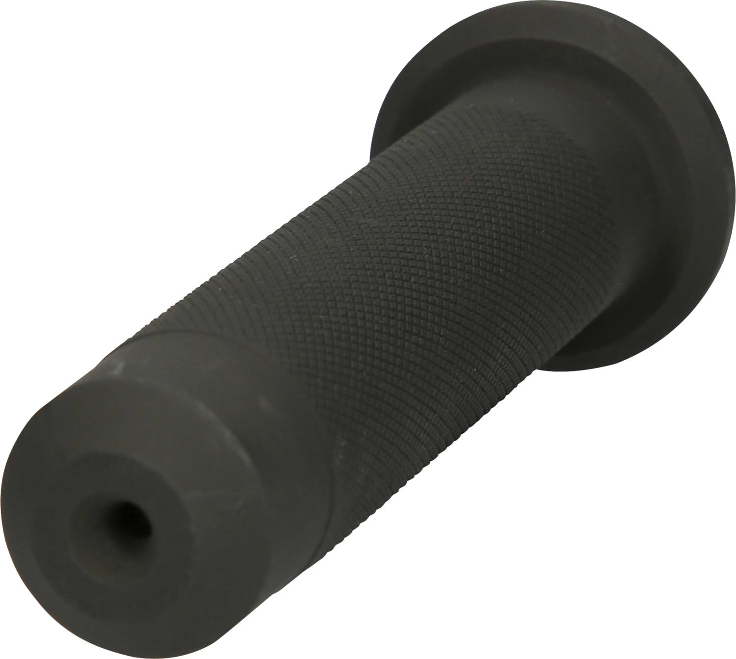 Black bicycle grip made of rubber with a textured surface and rounded ends, provides comfort and secure grip while cycling.