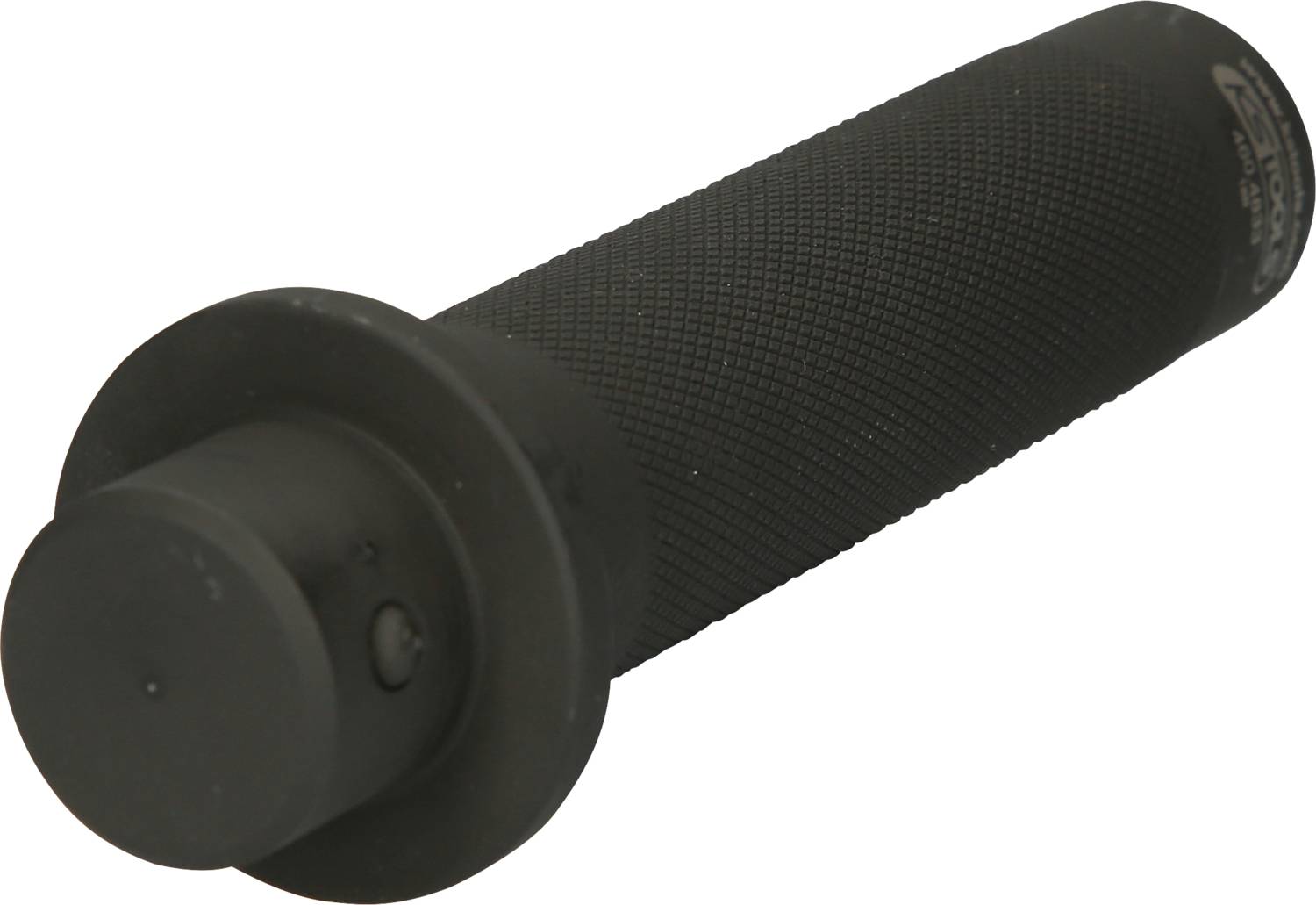 Black motorcycle grip with a textured surface and a plastic end, suitable for improved grip and control.