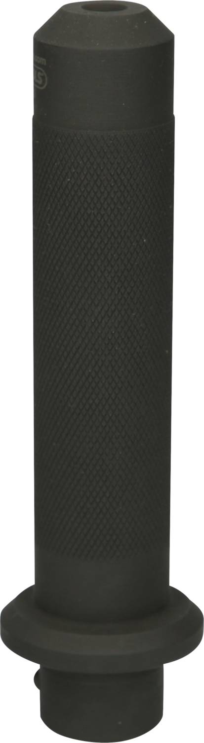 Black bicycle handlebar grip with non-slip textured surface, cylindrical, with a wider base at the end.