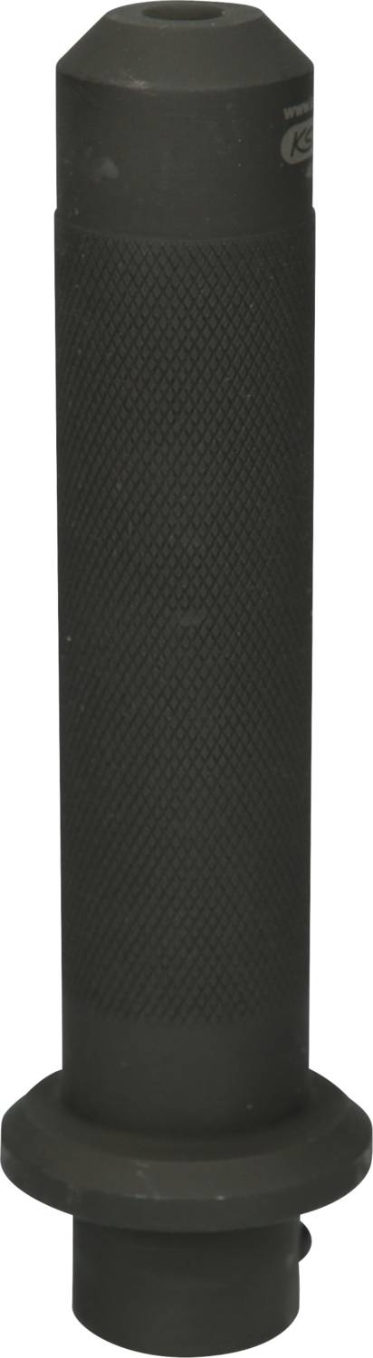 A black, cylindrical object with a ridged surface and a wide ring at one end.