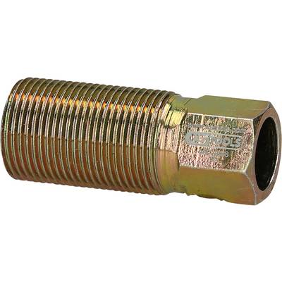Metal adapter with left-hand external thread and right-hand hexagonal external side, likely suitable for industrial pipe connections.