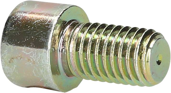 A shiny metal screw with a hexagonal head and thread. It is lying horizontally on a light surface.