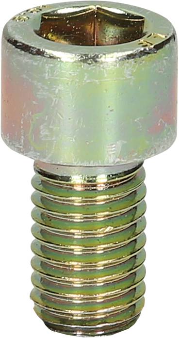 Close-up of a silver hexagonal bolt. It shows a smooth, shiny thread and a hexagonal screw head.