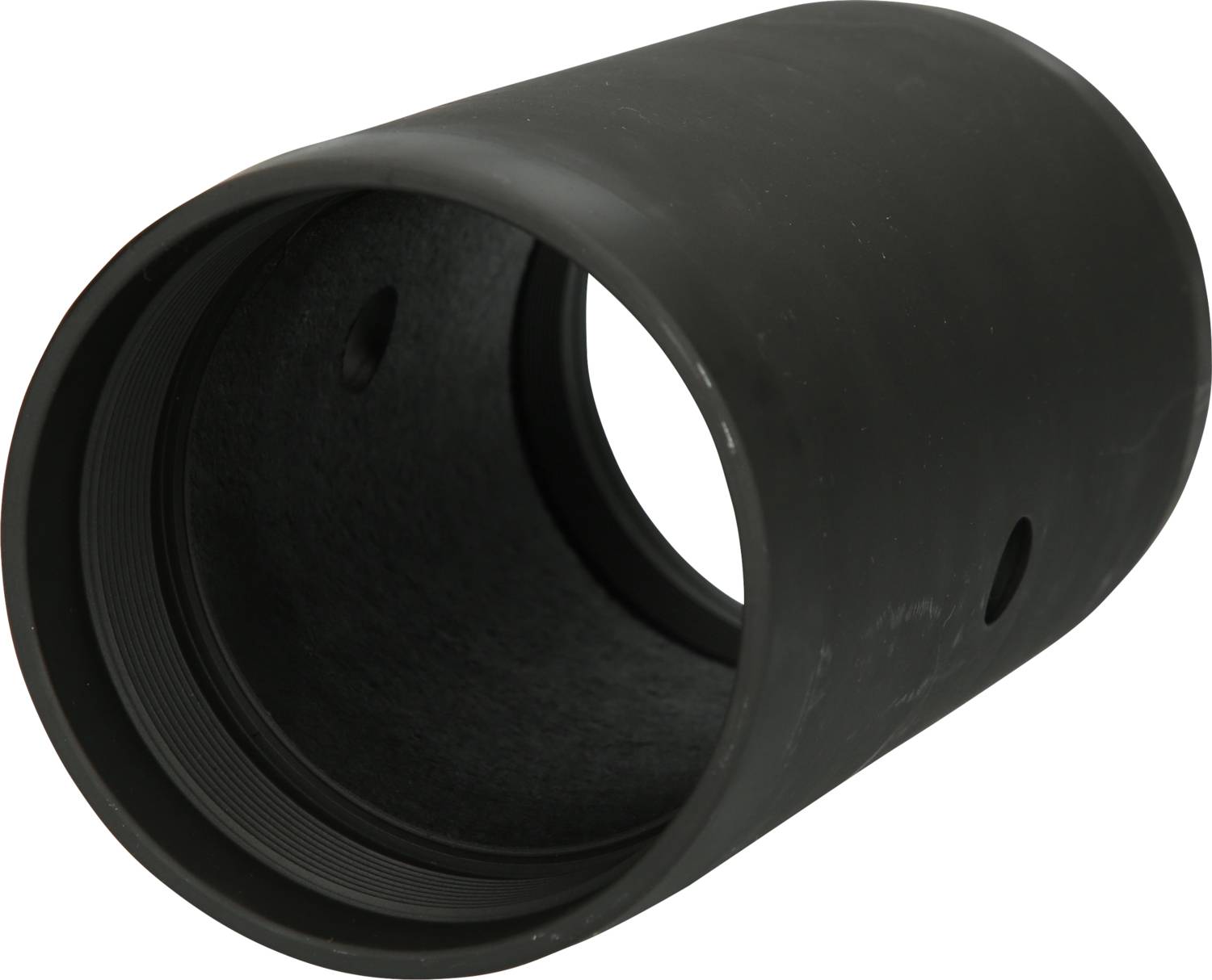 A black cylindrical tube with an opening on both sides, viewed from an angled side perspective.