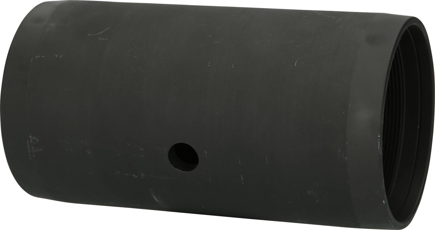 A black cylindrical component with a hole in the centre, used as a connecting element in technical applications.