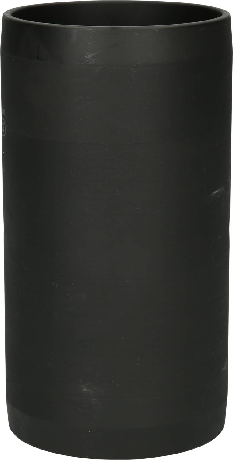 A black, cylindrical pipe stands vertically. It has a smooth surface without visible markings or details.