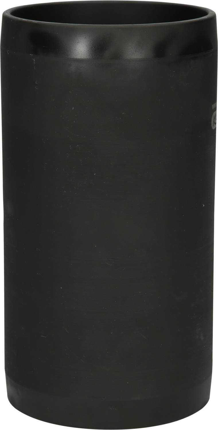 A black, cylindrical object that looks like a pipe or container.