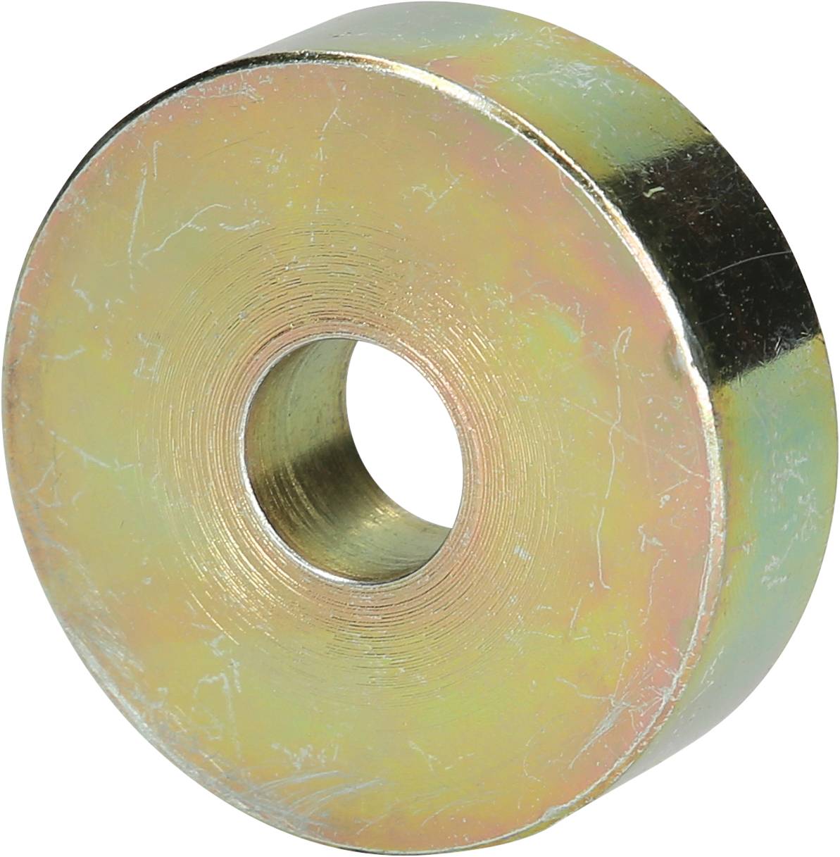 Metallic disc with a central hole, featuring a reflective gold finish, used as a washer or spacer in mechanical applications.