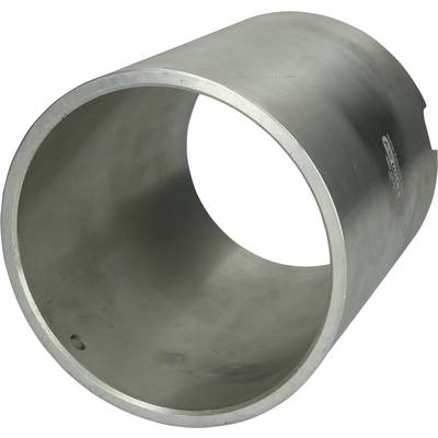 A large, hollow metal cylinder, slightly angled, displays its smooth, gleaming surface.