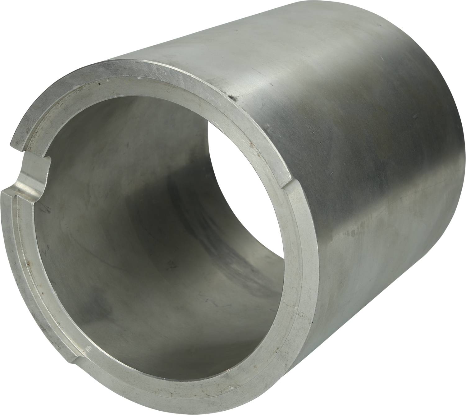 A metallic cylindrical tube with a smooth surface, a lateral groove, and an open end, potentially for industrial applications.