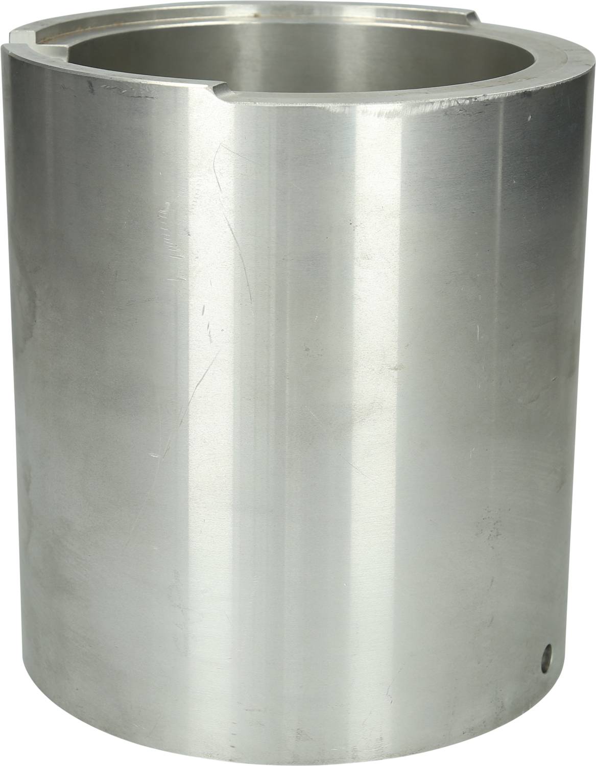 Silver-coloured cylindrical metal container with a smooth, glossy surface, suitable for holding liquids or solids.