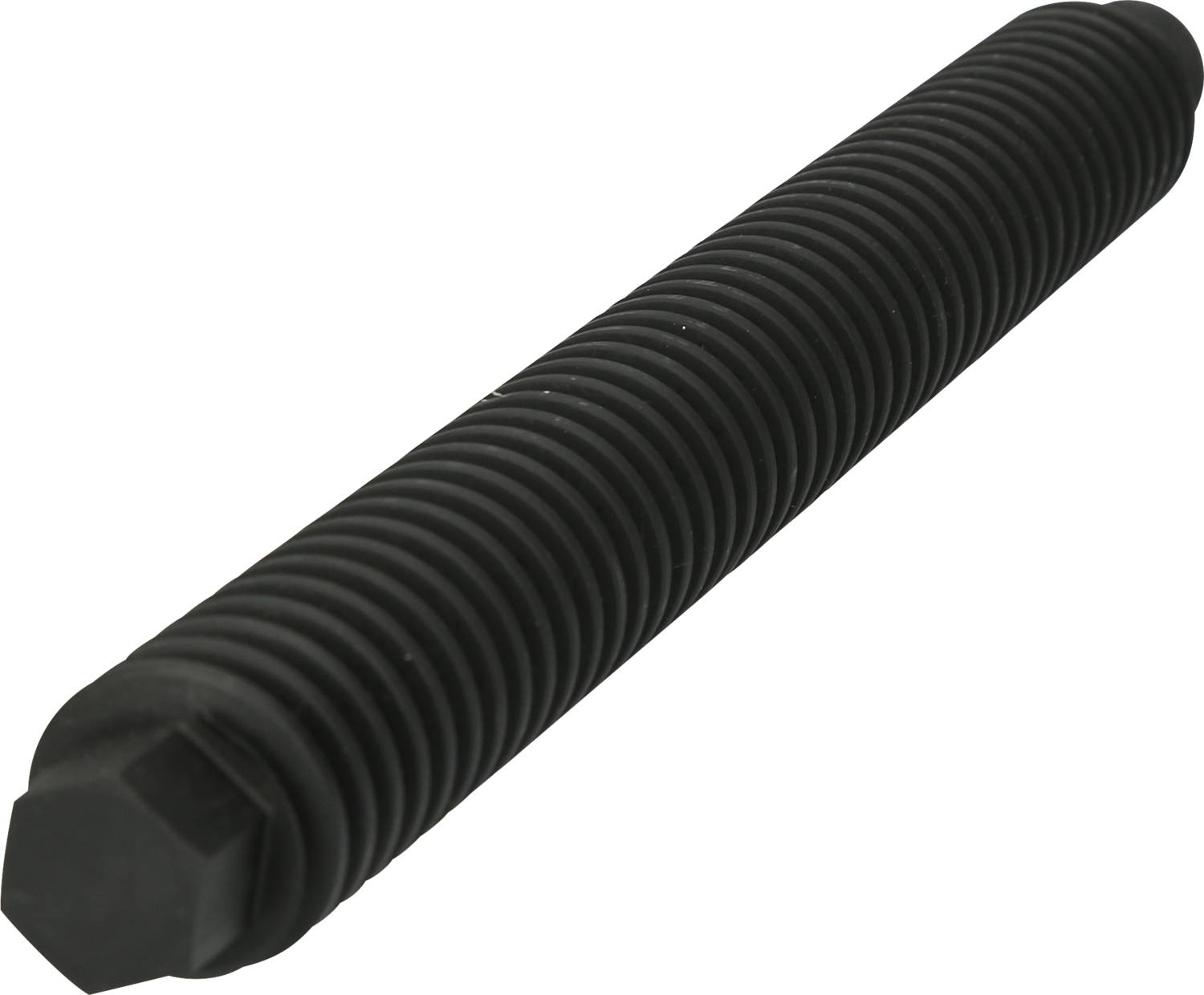 A black, elongated screw with continuous thread structure.