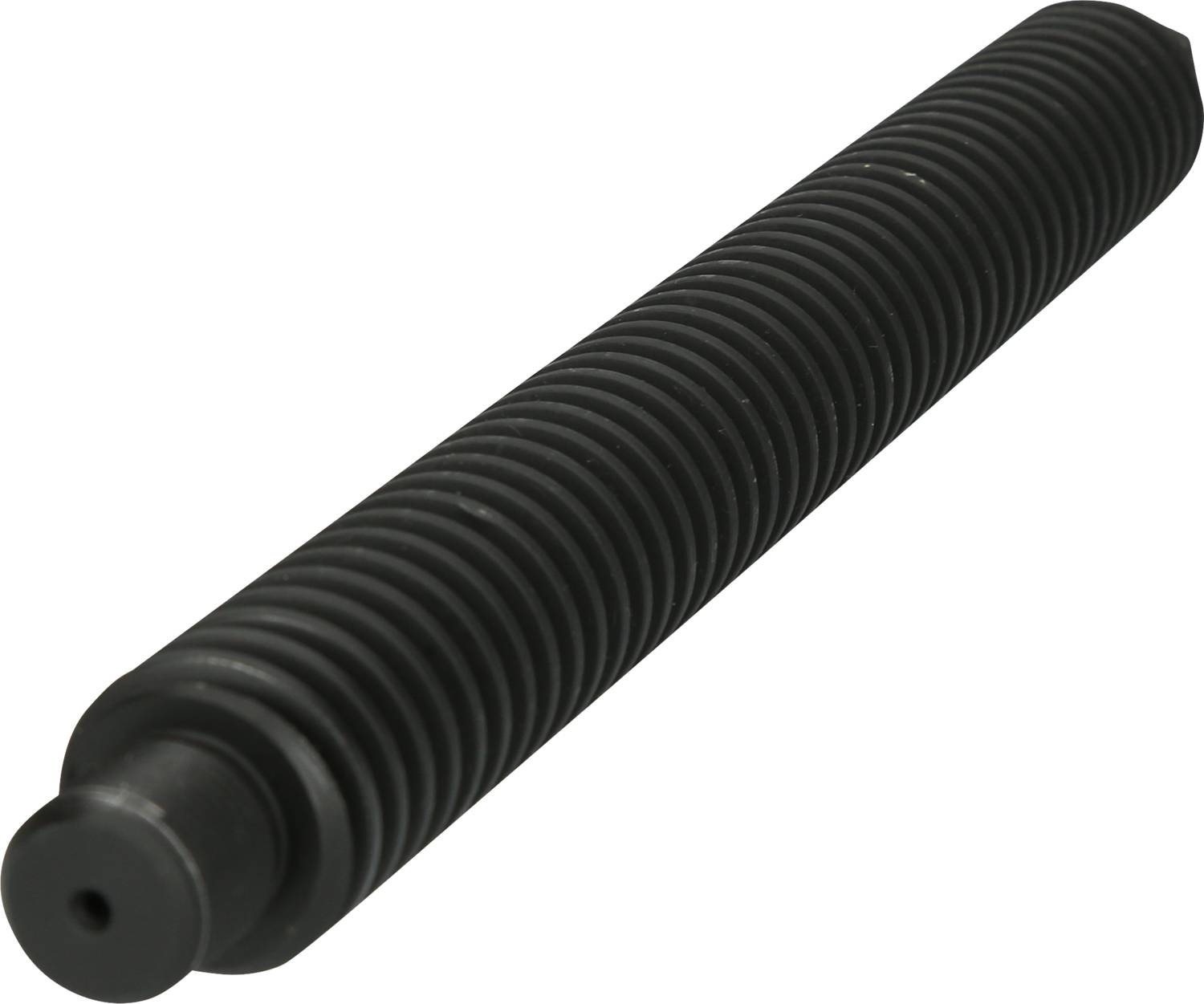 Cylindrical, black metal spring in close-up, which can be used for industrial or mechanical applications.