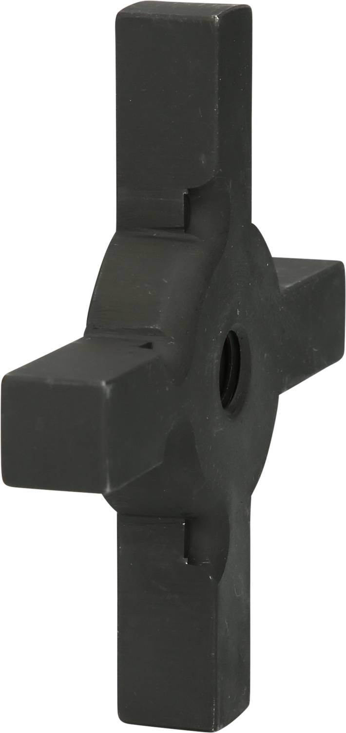 A black, cross-shaped metal object with a hole in the centre, possibly a technical spare part or tool.