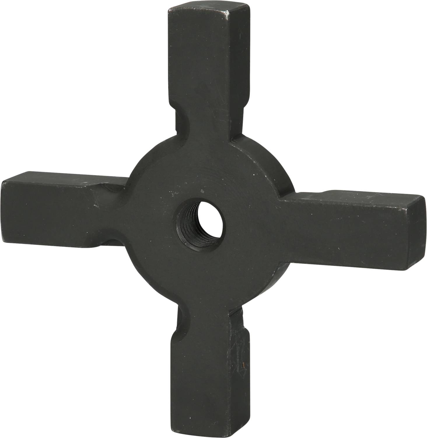 Black, cross-shaped metal object with a central hole, possibly a handle or knob.