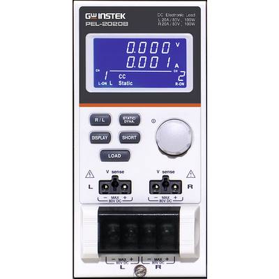 Electronic load display with digital readout. Shows voltage and current measurement values. Multiple control elements and connections at the bottom.
