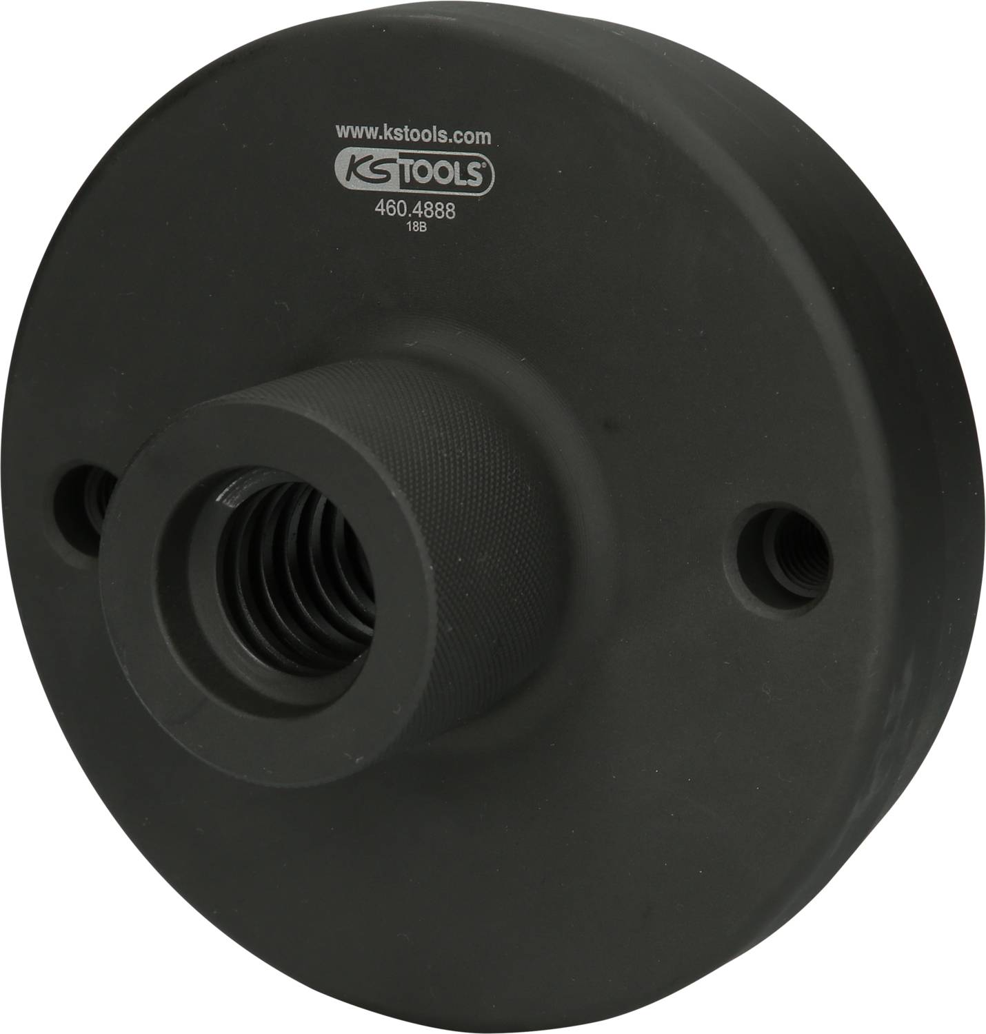 'KS Tools' Extraction Bell, black, round with central thread, two lateral holes, suitable for extraction devices.