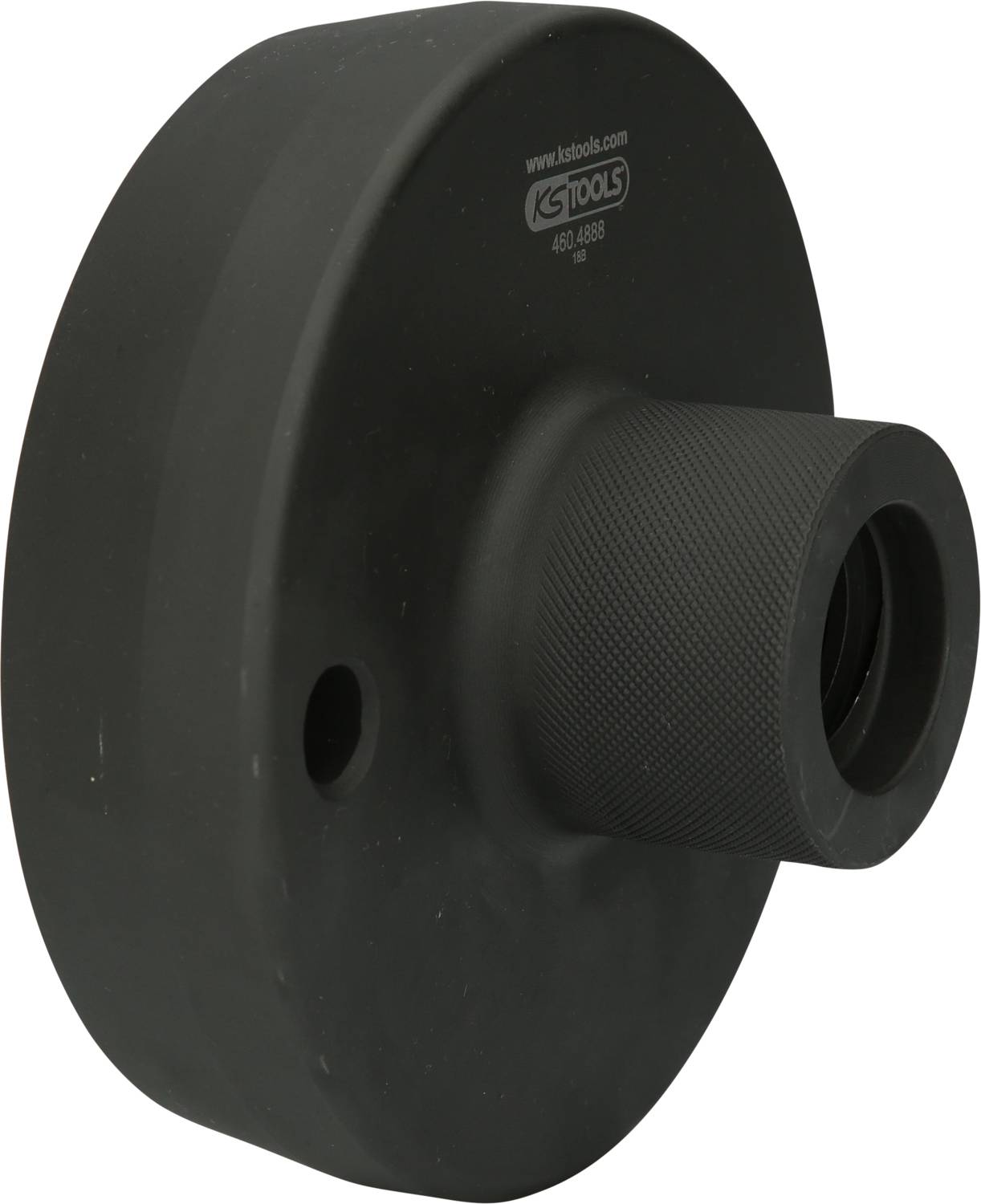 Black, disc-shaped tool with a cylindrical attachment, possibly for mechanical or workshop-related applications.