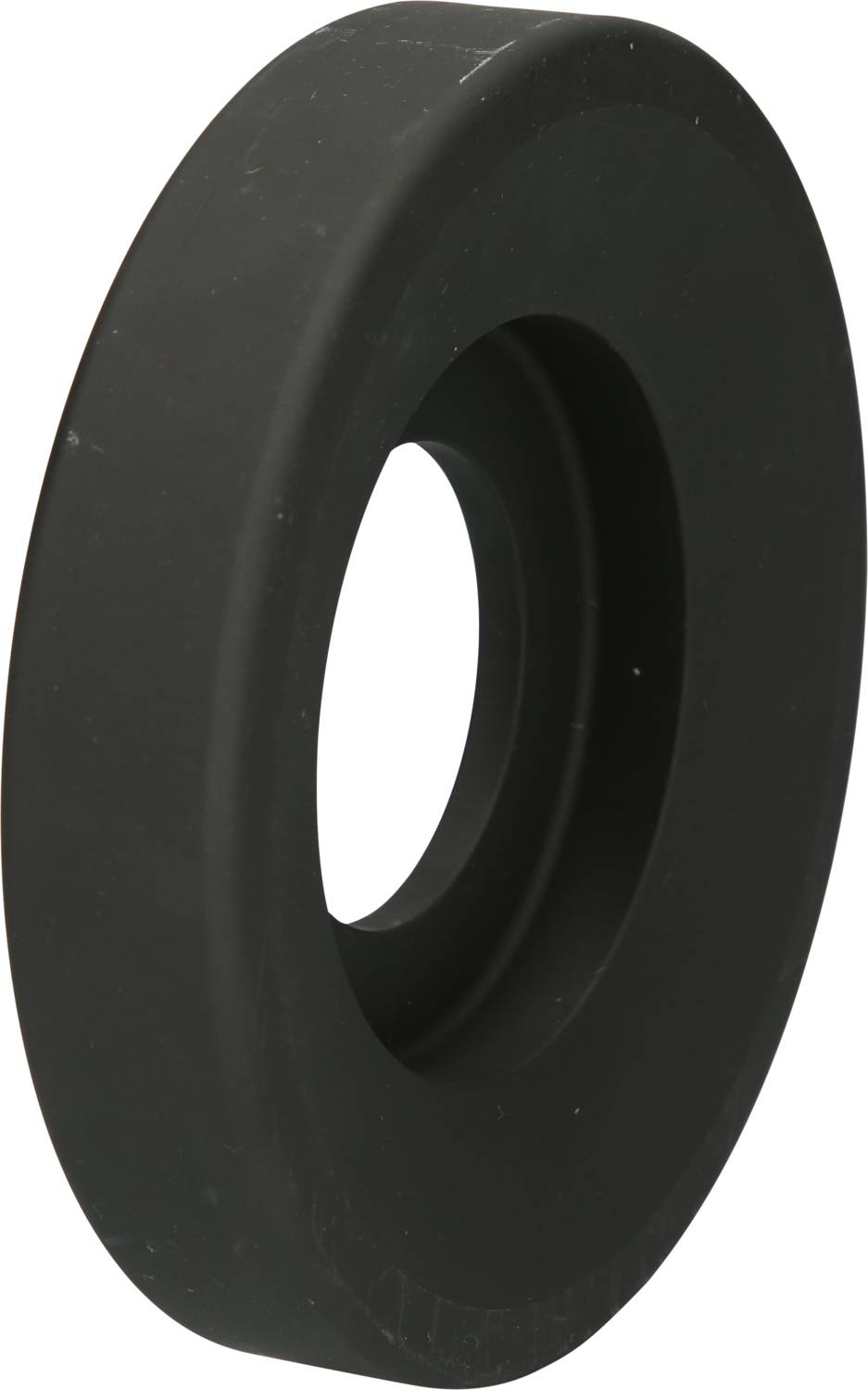 Black, round plastic component with a central hole, possibly a spare part or accessory for technical applications.