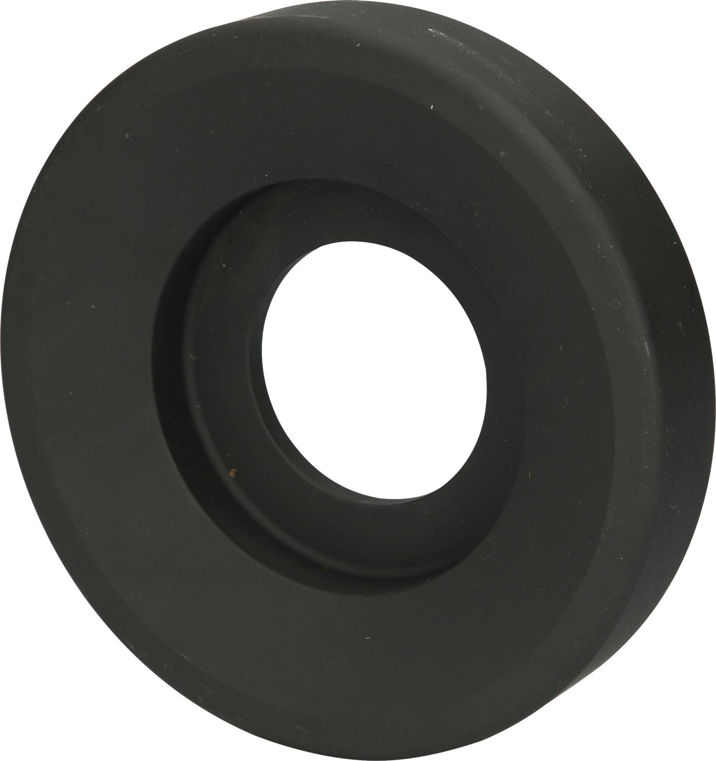 A black, flat rubber ring with a hole in the centre, similar to a wedge or washer, on a white background.