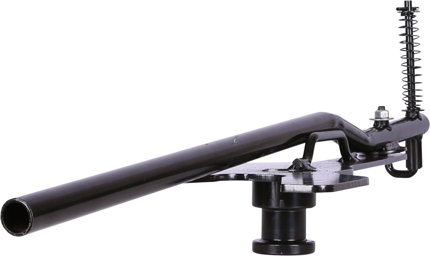 A black lever arm with a spring system, mounted on a circular base. Primarily used for mechanical applications.
