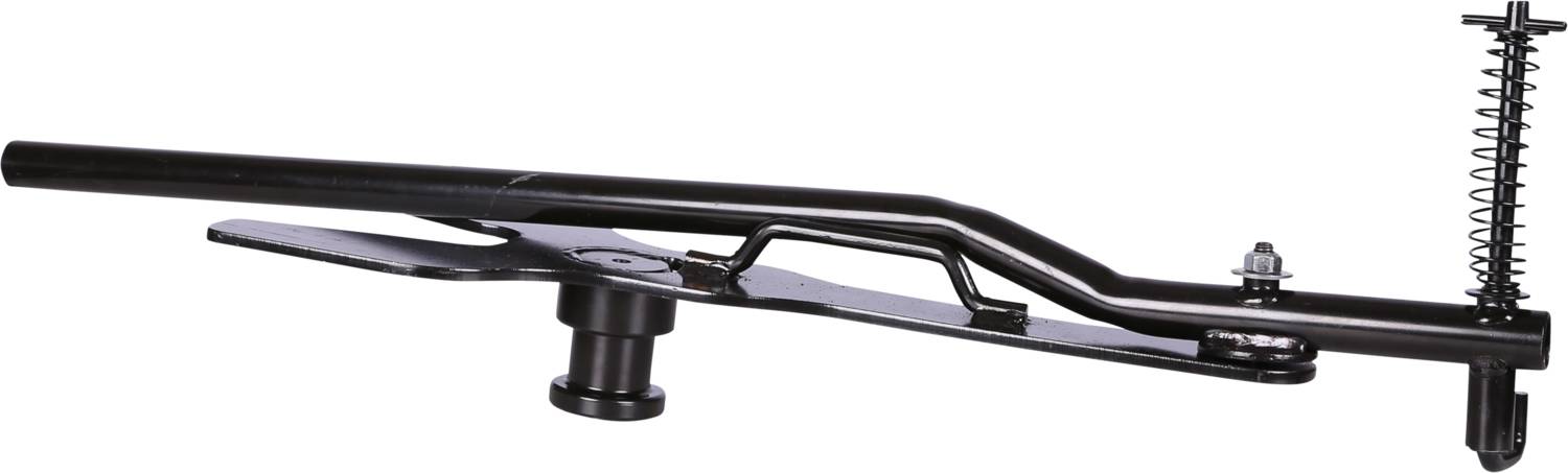 A black metal tool with a long handle, spring, and fixing element, likely part of a larger mechanical device.