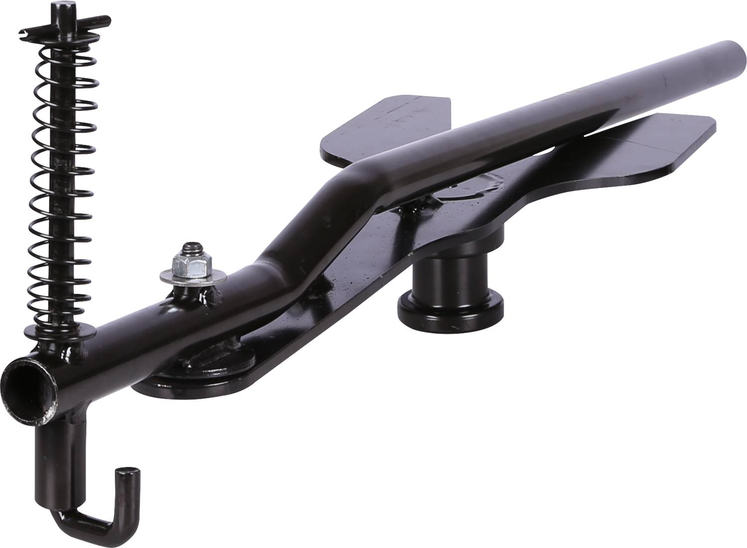A black metal tool with a hook at one end, a spring beside it, and a flat, broad section in the middle. Usable in lifting applications.