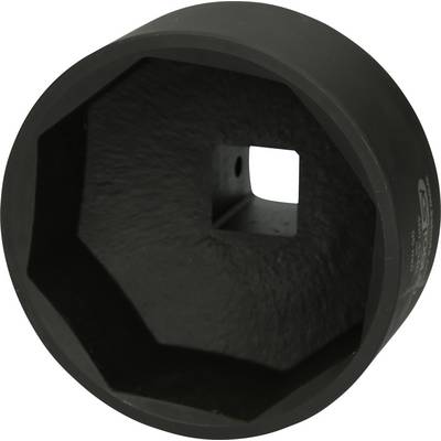 Black, hexagonal socket wrench with a square hole in the centre, used for screws and nuts.
