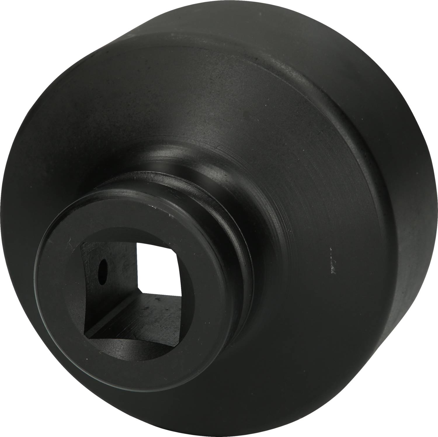 Black metal adapter with a square opening in the centre, presumably for connecting mechanical components.