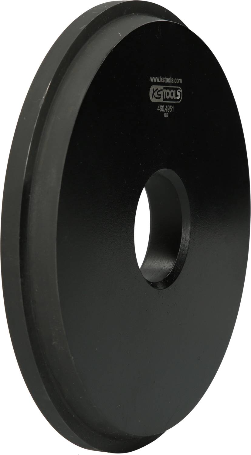 Round metal disc with central hole, black, with embossed logo and inscription 'ks tools'.